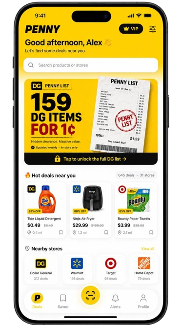 Penny app showing clearance deals with the exact aisle and bay